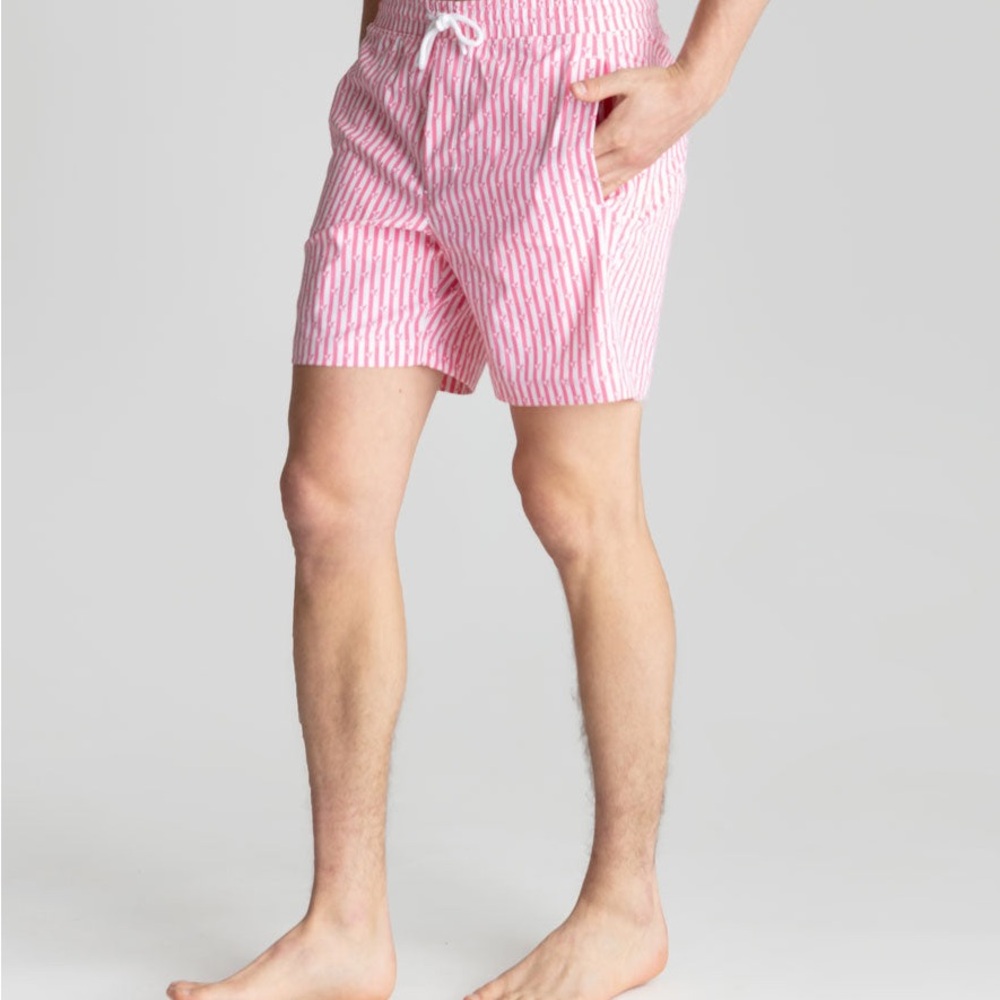 Birddogs Bathing Suit Swim Trunks Pink and White Stripes Medium Short 6”